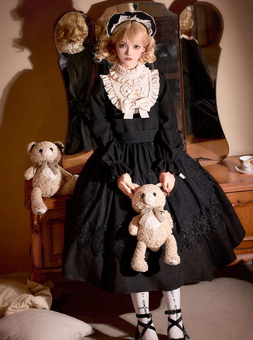 Twilight Choir Series Black Retro Doll Sense Classic Lolita High Waist Ruff Collar Long Sleeves Long Dress