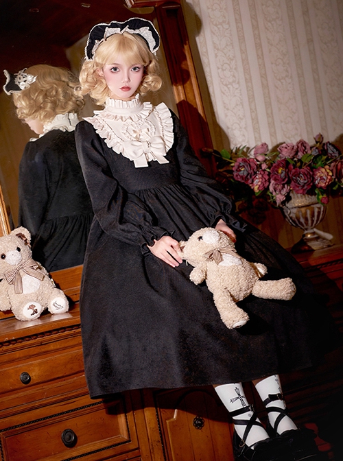 Twilight Choir Series Black Retro Doll Sense Classic Lolita High Waist Ruff Collar Long Sleeves Long Dress