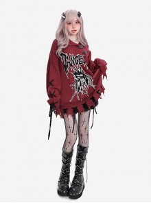 Danger Signal Series Cool Lapel Hole Dark Spider Print Kawaii Fashion Red Long Sleeves Sweater