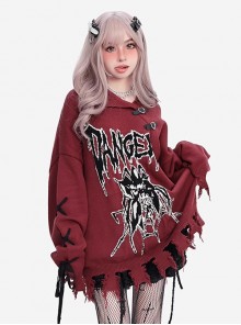 Danger Signal Series Cool Lapel Hole Dark Spider Print Kawaii Fashion Red Long Sleeves Sweater