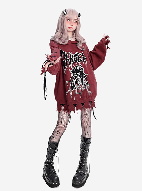 Danger Signal Series Cool Lapel Hole Dark Spider Print Kawaii Fashion Red Long Sleeves Sweater