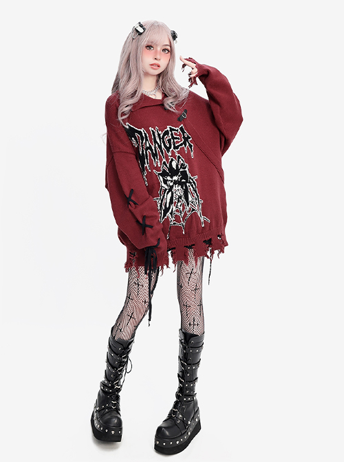 Danger Signal Series Cool Lapel Hole Dark Spider Print Kawaii Fashion Red Long Sleeves Sweater