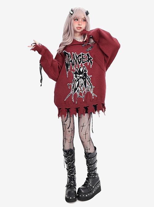 Danger Signal Series Cool Lapel Hole Dark Spider Print Kawaii Fashion Red Long Sleeves Sweater