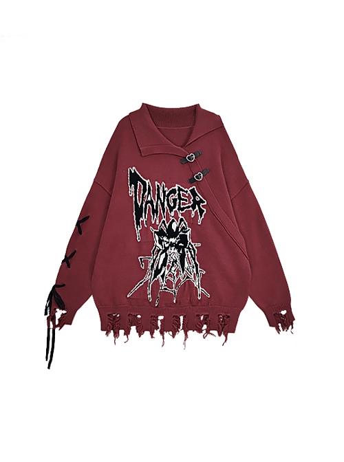 Danger Signal Series Cool Lapel Hole Dark Spider Print Kawaii Fashion Red Long Sleeves Sweater