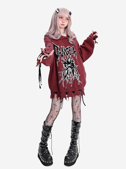 Danger Signal Series Cool Lapel Hole Dark Spider Print Kawaii Fashion Red Long Sleeves Sweater