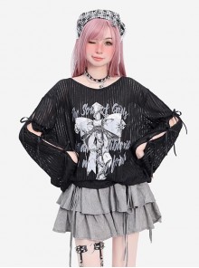 Girl's Will Series Sweet Cool Hollow Design Unique Bow Pattern Print Kawaii Fashion Black Long Sleeves Top