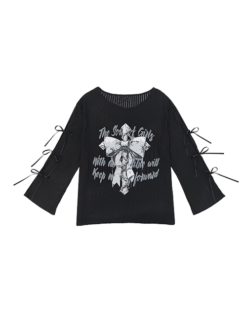 Girl's Will Series Sweet Cool Hollow Design Unique Bow Pattern Print Kawaii Fashion Black Long Sleeves Top