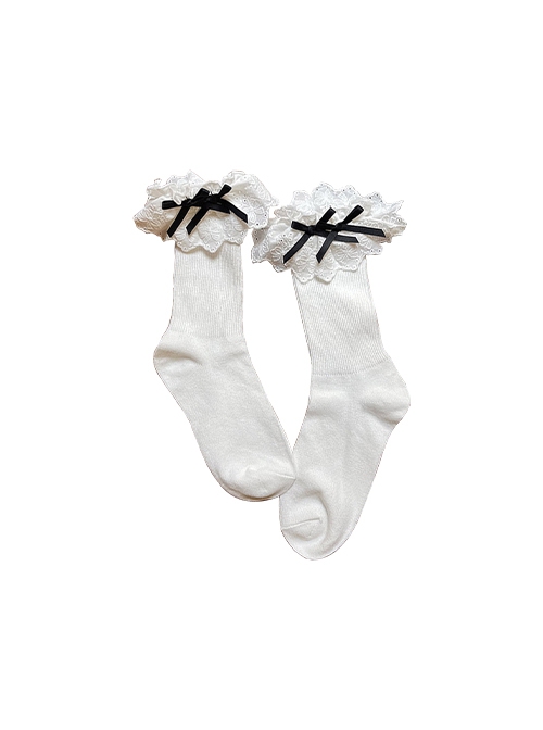 Daily Versatile Japanese Style JK Soft Girl Bowknot Lace Sweet Lolita Cotton Middle Short Socks