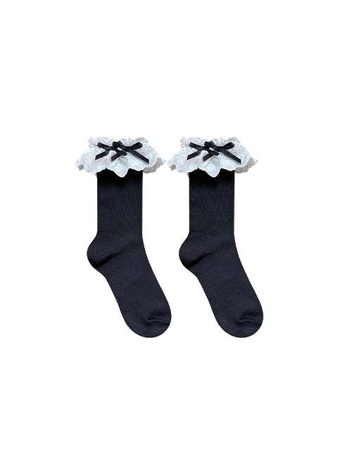 Daily Versatile Japanese Style JK Soft Girl Bowknot Lace Sweet Lolita Cotton Middle Short Socks