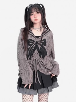 End Of The Century Girl Series Wasteland Style Ripped Navy Collar Kawaii Fashion Long Sleeves Thin Top