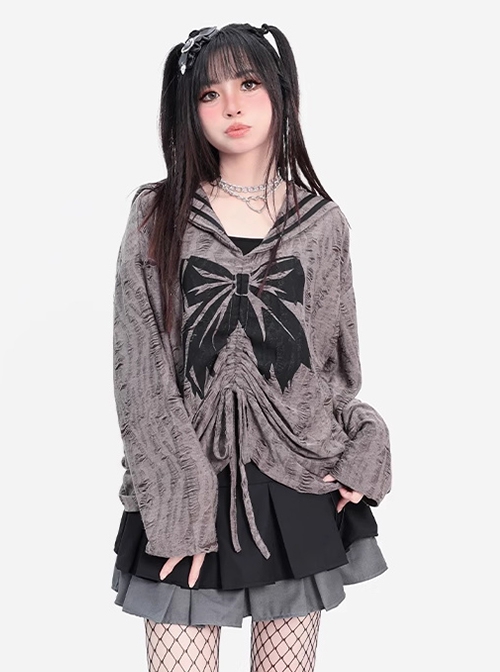 End Of The Century Girl Series Wasteland Style Ripped Navy Collar Kawaii Fashion Long Sleeves Thin Top