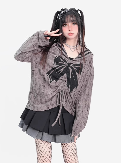 End Of The Century Girl Series Wasteland Style Ripped Navy Collar Kawaii Fashion Long Sleeves Thin Top