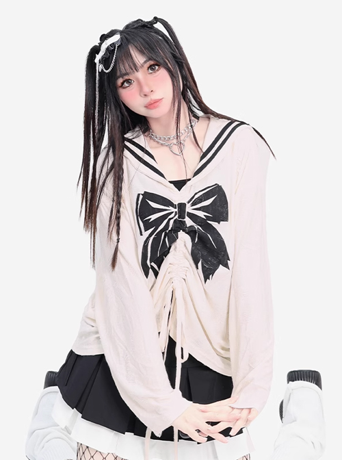 End Of The Century Girl Series Wasteland Style Ripped Navy Collar Kawaii Fashion Long Sleeves Thin Top