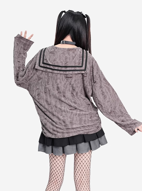 End Of The Century Girl Series Wasteland Style Ripped Navy Collar Kawaii Fashion Long Sleeves Thin Top