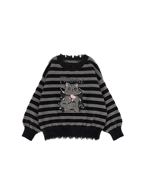 Cat's Gift Series Sweet Cool Round Neck Striped Soft Mink Kawaii Fashion Loose Long Sleeves Sweater