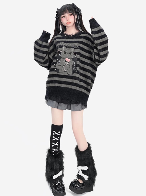 Cat's Gift Series Sweet Cool Round Neck Striped Soft Mink Kawaii Fashion Loose Long Sleeves Sweater