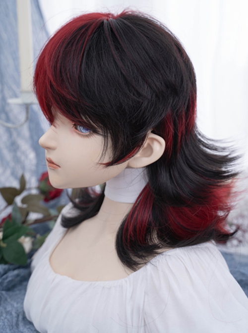 Raspberry Tarta Series Black Red Mixed Color Wolf Tail Mullet Head Ouji Fashion Mid Short Wig