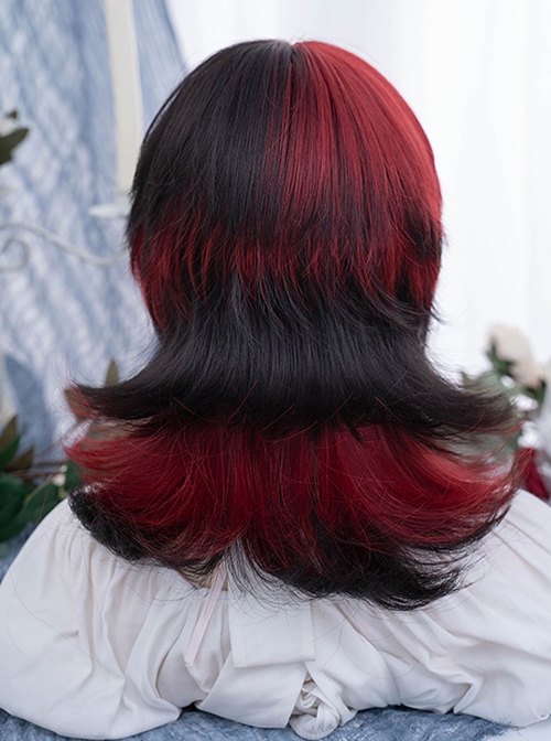 Raspberry Tarta Series Black Red Mixed Color Wolf Tail Mullet Head Ouji Fashion Mid Short Wig