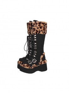 Autumn Winter Handsome Fashionable Suede Leopard Print Gothic Punk Style Lace Up High Platform Boots