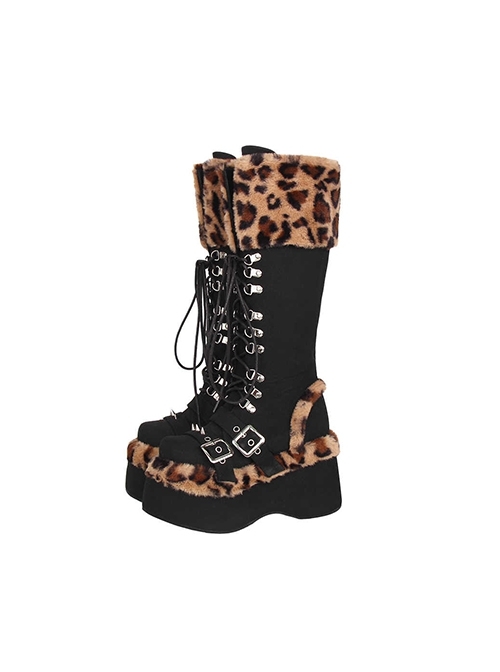 Autumn Winter Handsome Fashionable Suede Leopard Print Gothic Punk Style Lace Up High Platform Boots