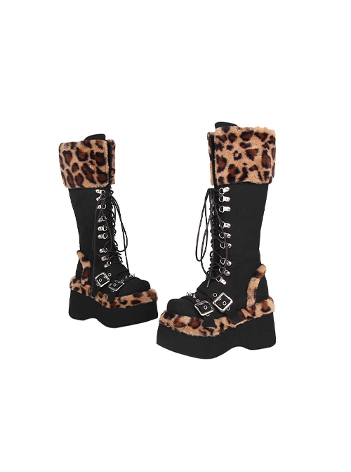 Autumn Winter Handsome Fashionable Suede Leopard Print Gothic Punk Style Lace Up High Platform Boots