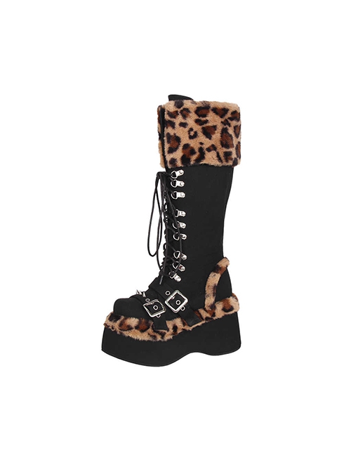 Autumn Winter Handsome Fashionable Suede Leopard Print Gothic Punk Style Lace Up High Platform Boots