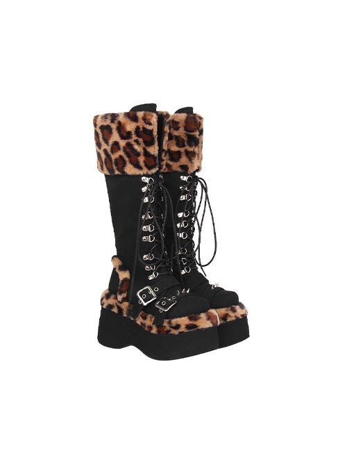 Autumn Winter Handsome Fashionable Suede Leopard Print Gothic Punk Style Lace Up High Platform Boots