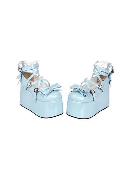 Princess Sky Blue PU Sweet Lolita Cross Straps Platform Thick Soled Wedge Mary Jane Heels