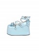 Princess Sky Blue PU Sweet Lolita Cross Straps Platform Thick Soled Wedge Mary Jane Heels