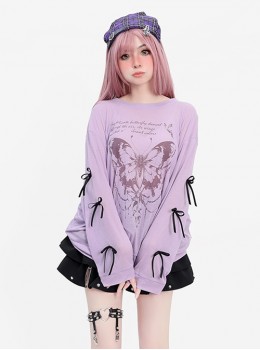 Butterfly Dream Series Dreamy Butterfly Print Sweet Bow Decoration Kawaii Fashion Purple Long Sleeves Top