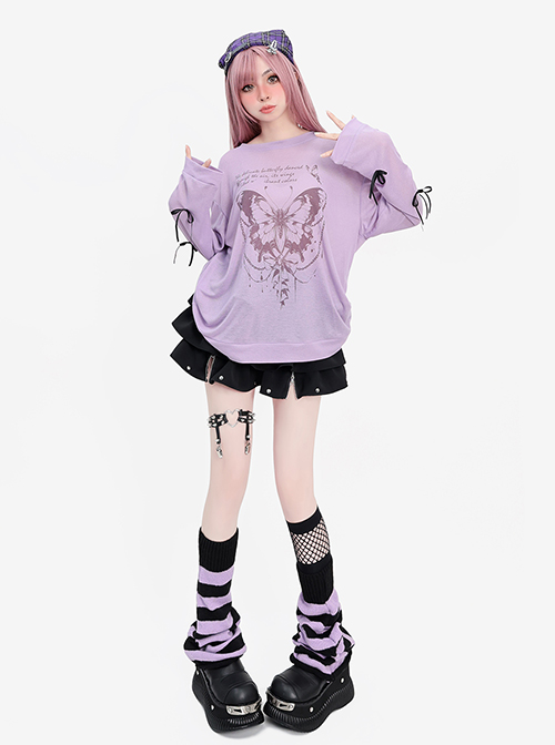 Butterfly Dream Series Dreamy Butterfly Print Sweet Bow Decoration Kawaii Fashion Purple Long Sleeves Top