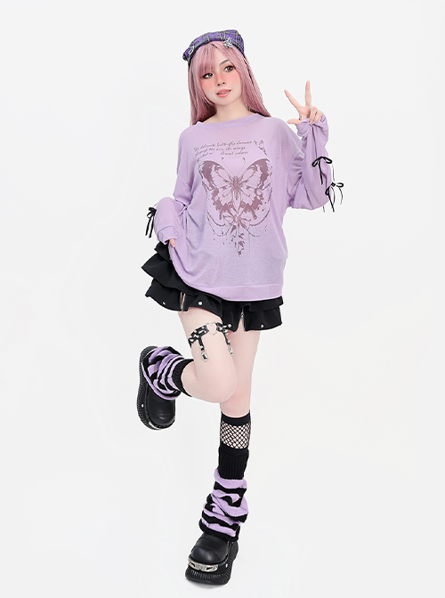 Butterfly Dream Series Dreamy Butterfly Print Sweet Bow Decoration Kawaii Fashion Purple Long Sleeves Top