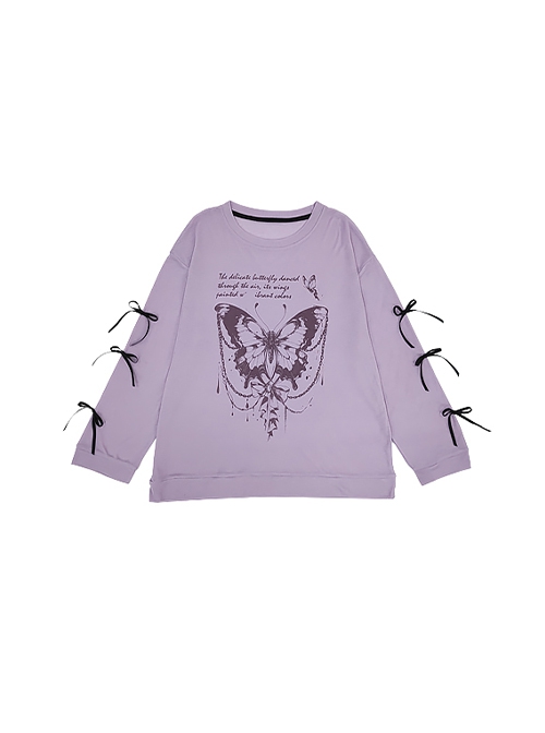 Butterfly Dream Series Dreamy Butterfly Print Sweet Bow Decoration Kawaii Fashion Purple Long Sleeves Top