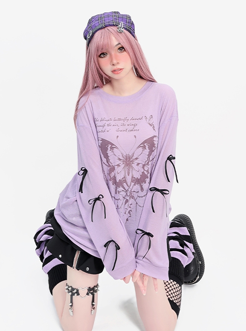 Butterfly Dream Series Dreamy Butterfly Print Sweet Bow Decoration Kawaii Fashion Purple Long Sleeves Top