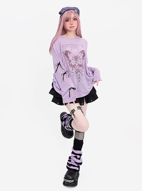 Butterfly Dream Series Dreamy Butterfly Print Sweet Bow Decoration Kawaii Fashion Purple Long Sleeves Top