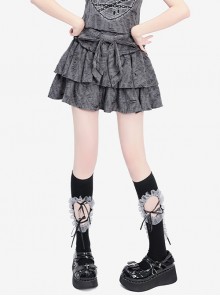 End Of Love Series Y2k Bow Hole Wasteland Style Kawaii Fashion Gray Double Layer Cake Skirt