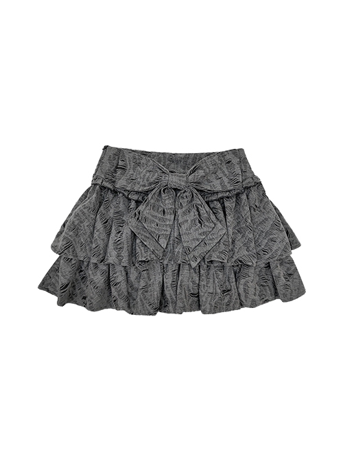 End Of Love Series Y2k Bow Hole Wasteland Style Kawaii Fashion Gray Double Layer Cake Skirt