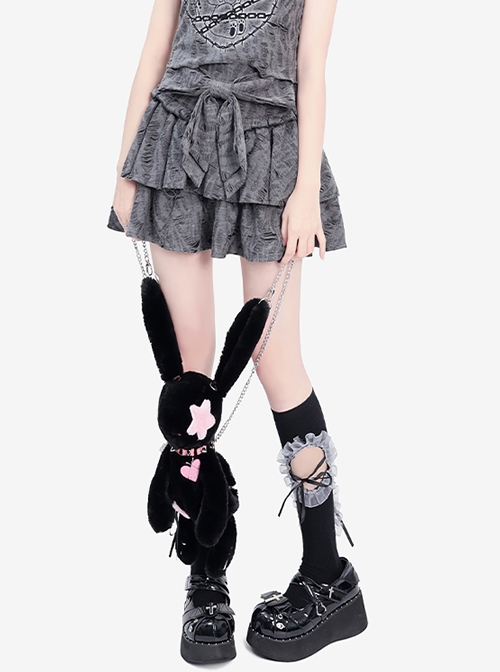 End Of Love Series Y2k Bow Hole Wasteland Style Kawaii Fashion Gray Double Layer Cake Skirt