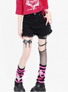 Little Heart Series Punk Style Metal Rivet Heart Buckle Tassel Split Design Kawaii Fashion Black High Waist Shorts