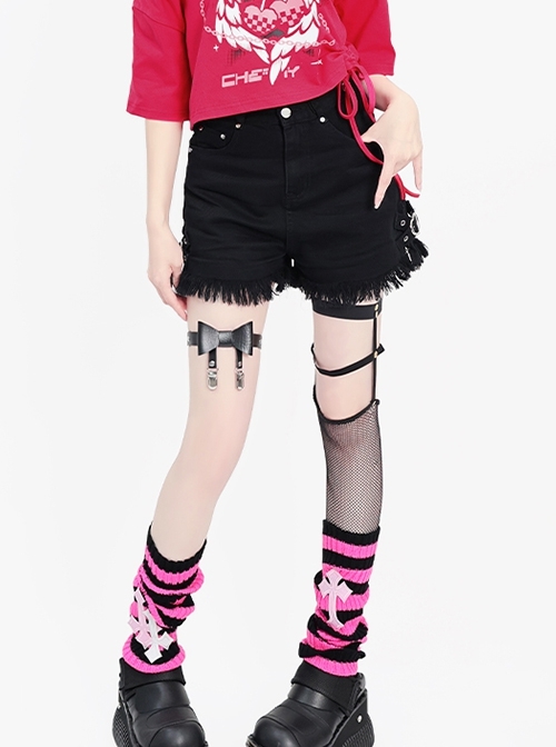 Little Heart Series Punk Style Metal Rivet Heart Buckle Tassel Split Design Kawaii Fashion Black High Waist Shorts