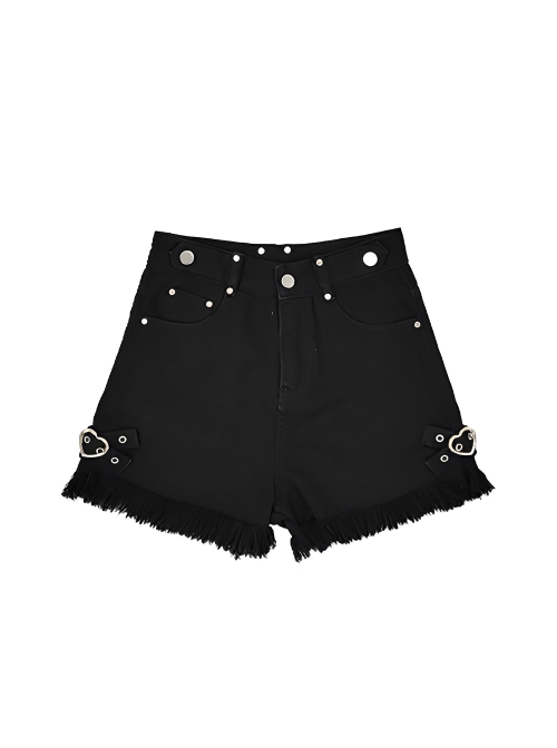 Little Heart Series Punk Style Metal Rivet Heart Buckle Tassel Split Design Kawaii Fashion Black High Waist Shorts