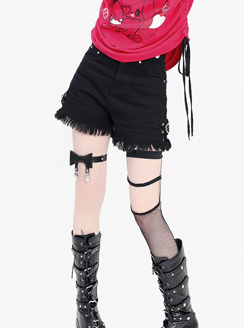 Little Heart Series Punk Style Metal Rivet Heart Buckle Tassel Split Design Kawaii Fashion Black High Waist Shorts