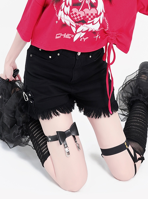 Little Heart Series Punk Style Metal Rivet Heart Buckle Tassel Split Design Kawaii Fashion Black High Waist Shorts