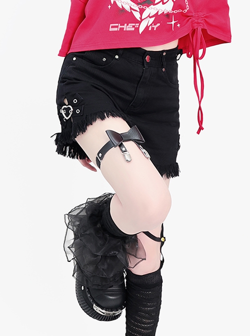 Little Heart Series Punk Style Metal Rivet Heart Buckle Tassel Split Design Kawaii Fashion Black High Waist Shorts