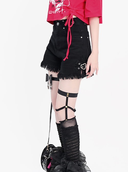 Little Heart Series Punk Style Metal Rivet Heart Buckle Tassel Split Design Kawaii Fashion Black High Waist Shorts