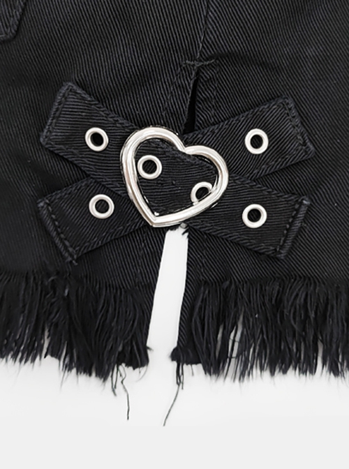 Little Heart Series Punk Style Metal Rivet Heart Buckle Tassel Split Design Kawaii Fashion Black High Waist Shorts