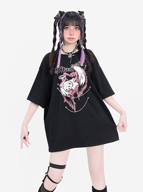 Angel Cupid Series Sweet Cool Y2K Metal Chain Decoration Unique Print Kawaii Fashion Black Short Sleeves T Shirt