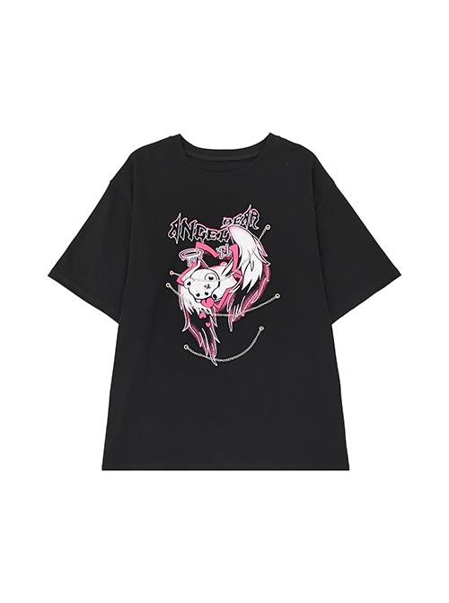 Angel Cupid Series Sweet Cool Y2K Metal Chain Decoration Unique Print Kawaii Fashion Black Short Sleeves T Shirt