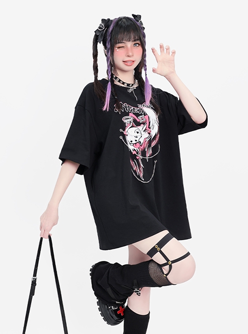 Angel Cupid Series Sweet Cool Y2K Metal Chain Decoration Unique Print Kawaii Fashion Black Short Sleeves T Shirt