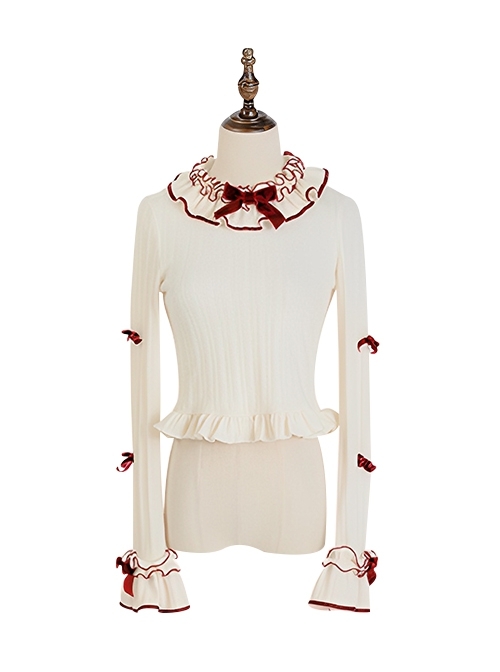 Cream Strawberry Series White Sweet Lolita Ribbon Bowknot Inner Ruffles Cuff Round Neckline Shirt